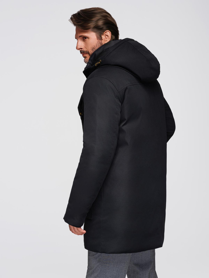 Elegant men's parka with cargo pockets and hood - black V1 OM-JAPJ-0287