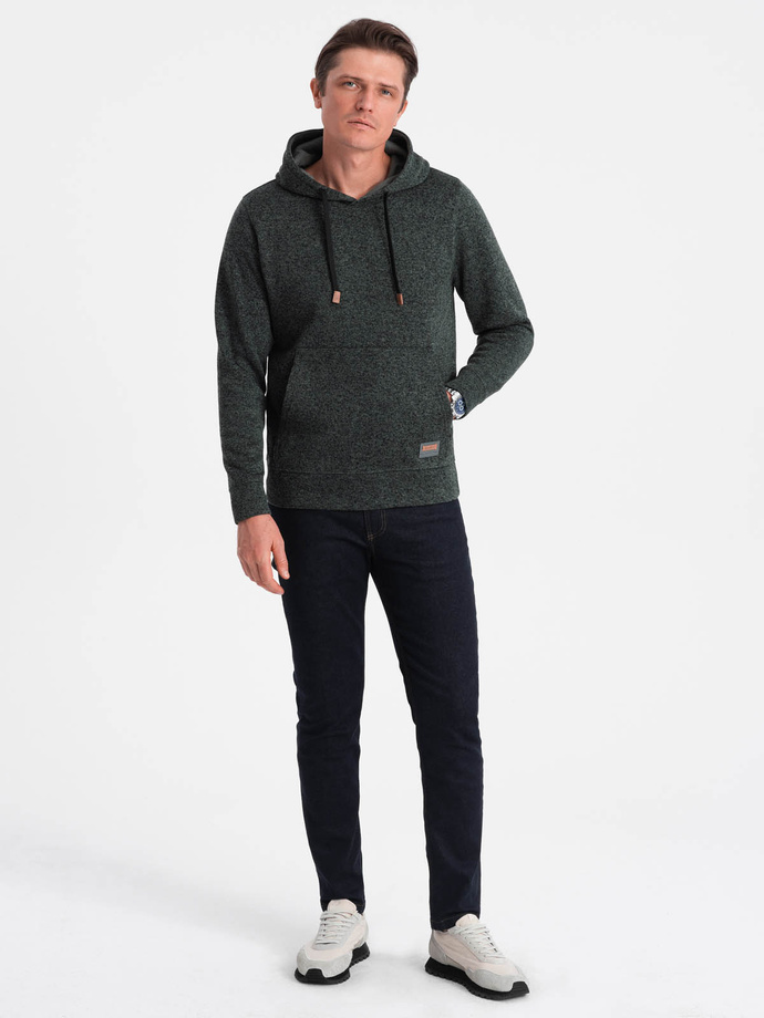 Bluza męska nierozpinana kangurka z kapturem - oliwkowy melanż V3 OM-SSNZ-0147