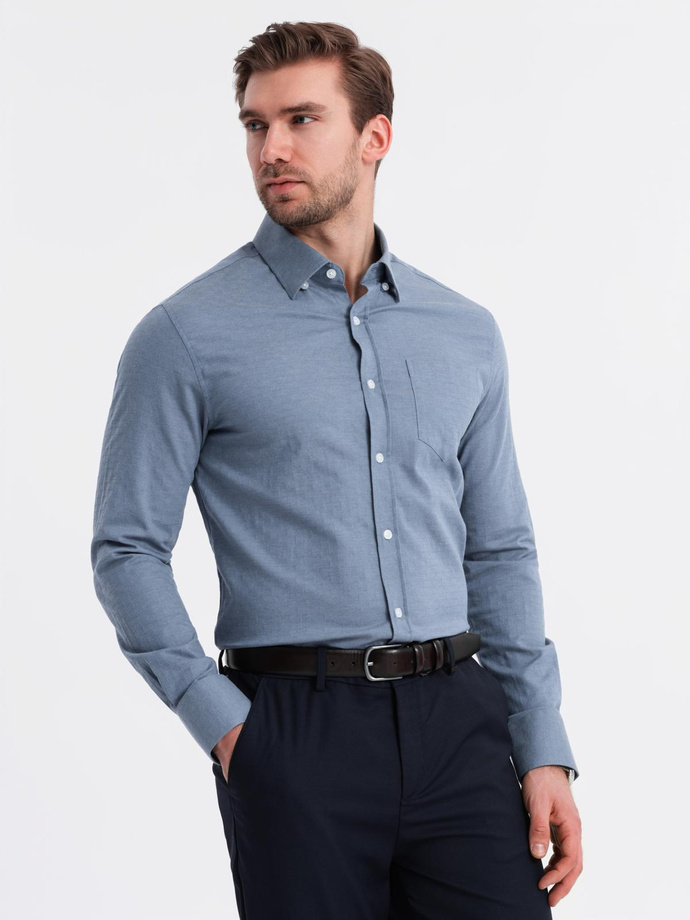 Men's SLIM FIT shirt in decorative fabric with pocket - blue OM-SHCS-0174