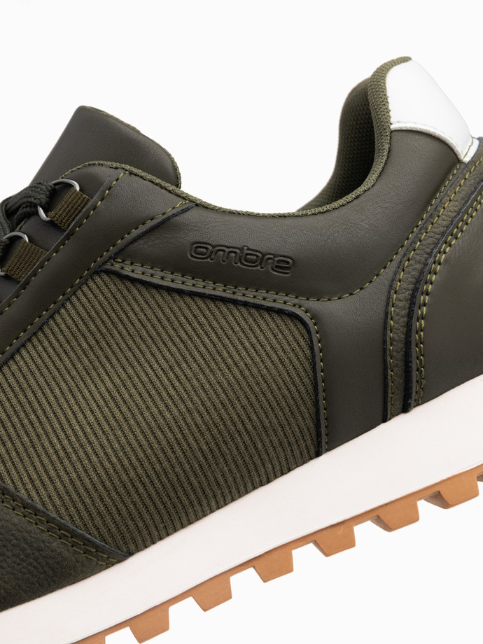 Patchworkowe męskie buty sneakersy z łączonych materiałów – ciemnooliwkowe V4 OM-FOSL-0144 