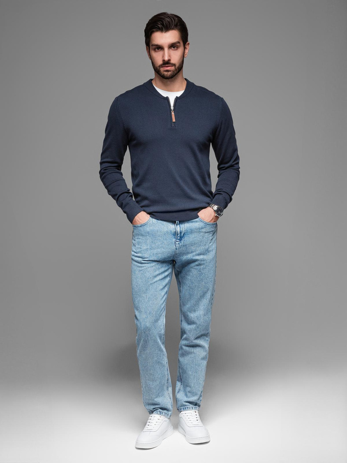 Men's sweater with viscose and spread neckline - navy blue V4 OM-SWZS-0124 