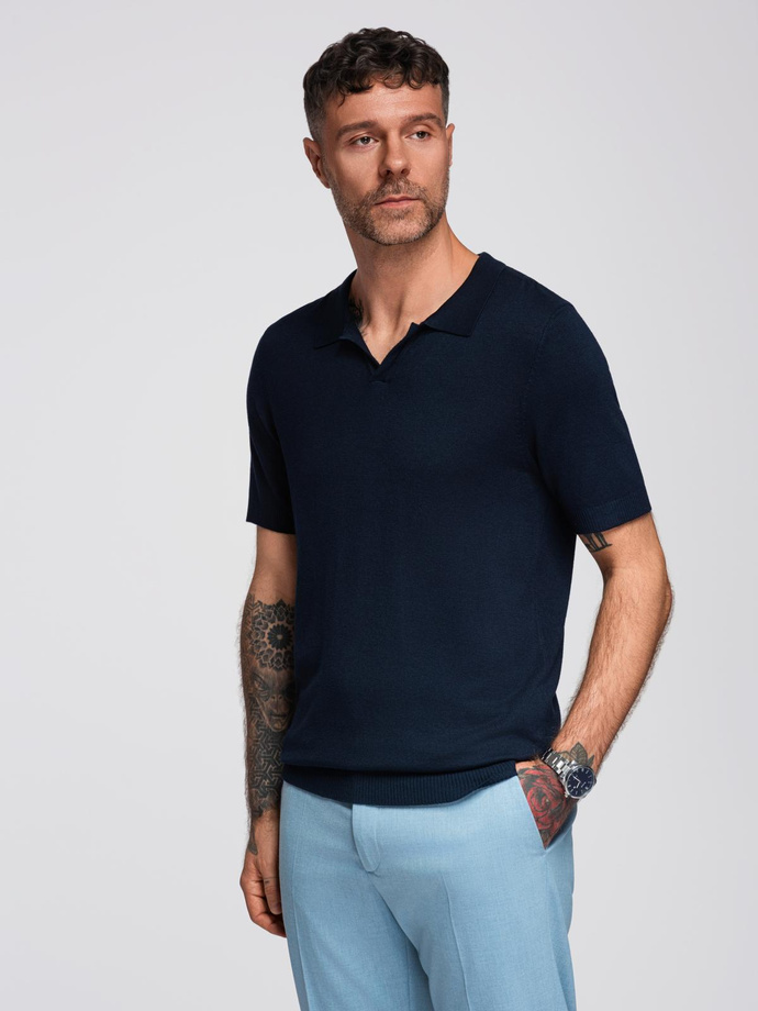 Men's buttonless polo shirt with classic weave - navy blue V1 OM-POSS-0159