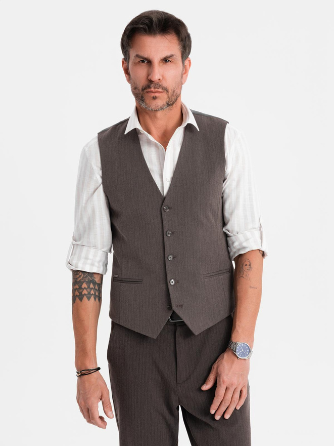 Męska elegancka kamizelka w jodełkę SLIM FIT - grafitowa V2 OM-BLZV-0143