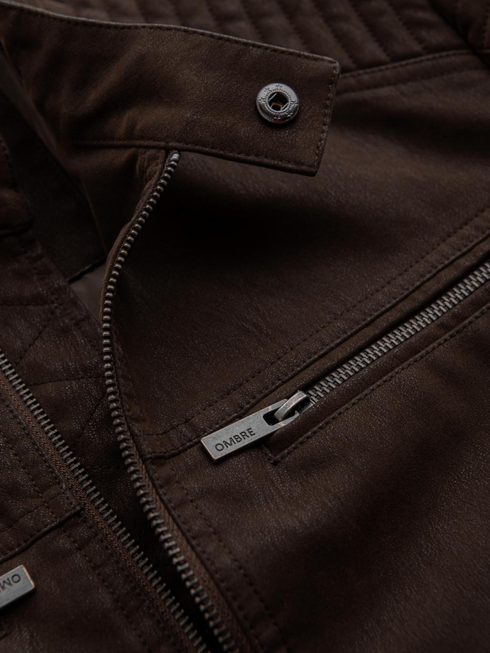 Men's retro biker jacket with stand-up collar - brown V1 OM-JAFL-0197