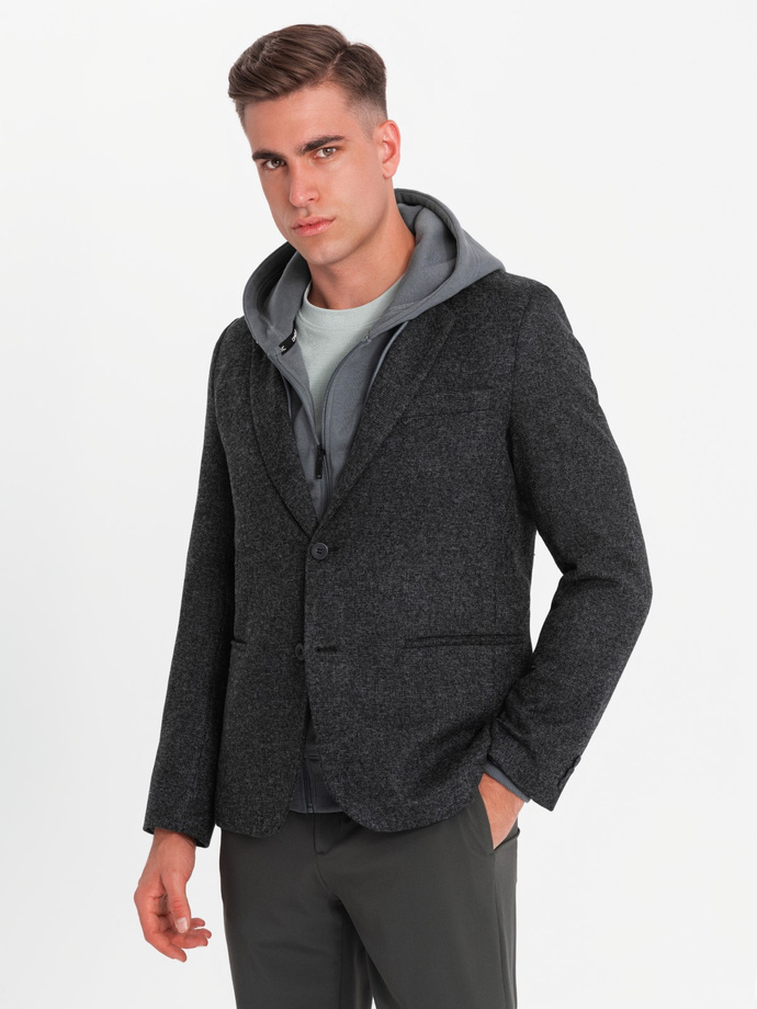 Men's casual blazer with decorative pin on lapel - graphite melange V2 OM-BLZB-0120