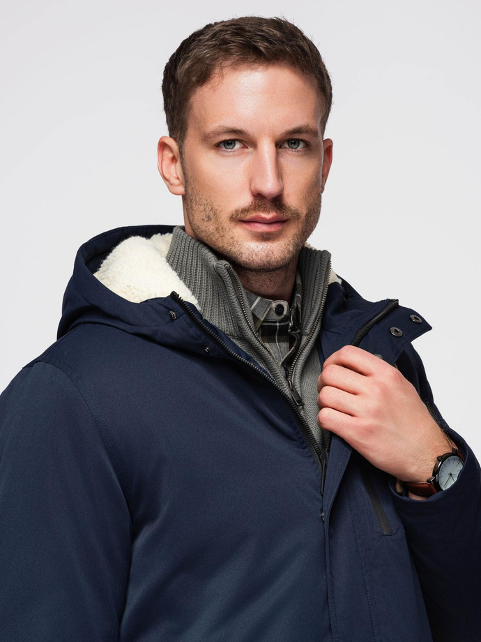 Men's long parka jacket with sheepskin - navy blue V2 OM-JAPJ-0316