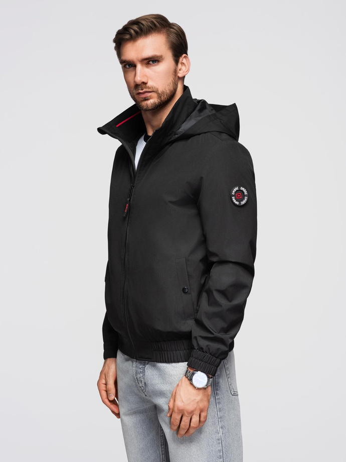 Men's faux leather jacket with ribbed bottom hem - black V2 OM-JAFL-0109