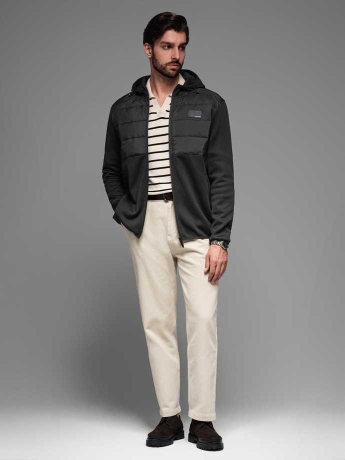 Men's lightweight jacket of combined materials with hood and decorative quilting - black V5 OM-JANP-0160 