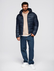Pikowana kurtka męska puffer z kapturem – granatowa V4 OM-JAHP-0235