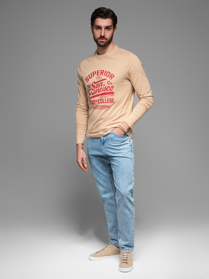 Men's long sleeve collegiate print t-shirt - sand V1 OM-LSPT-0116