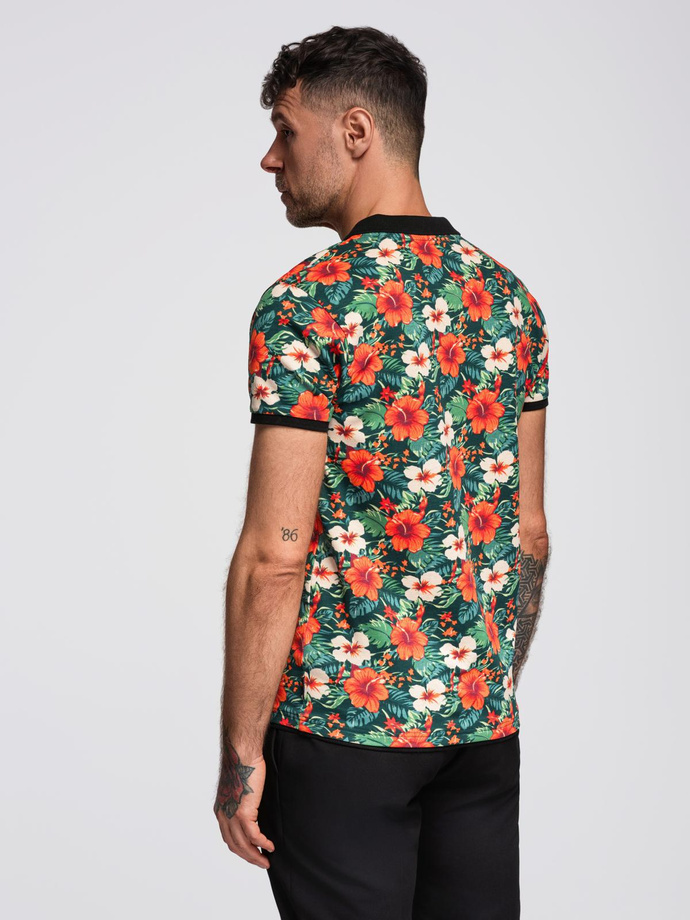 Polo koszulka bawełniana z nadrukiem w kwiaty – czarna V2 OM-POSS-0149