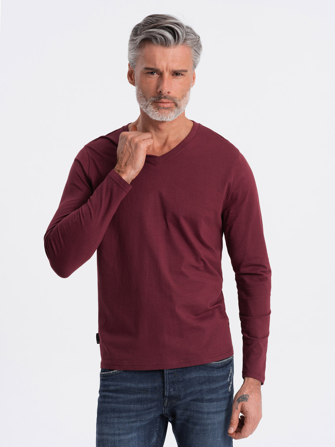 Męski longsleeve bez nadruku z dekoltem w serek - bordowy V8 OM-LSBL-0108