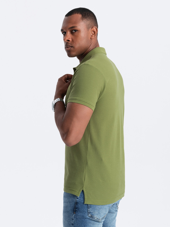 Męska koszulka polo jednokolorowa BASIC z dzianiny pique - oliwkowa V21 OM-POBS-0100