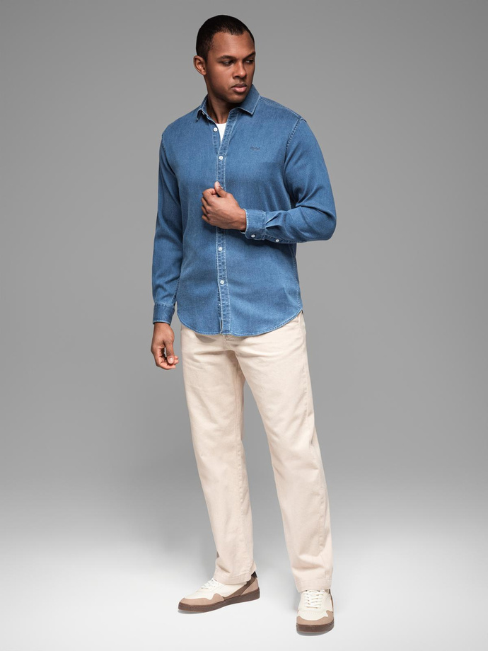Men's denim shirt with lyocell and embroidery on the chest - blue V2 OM-SHDS-0180