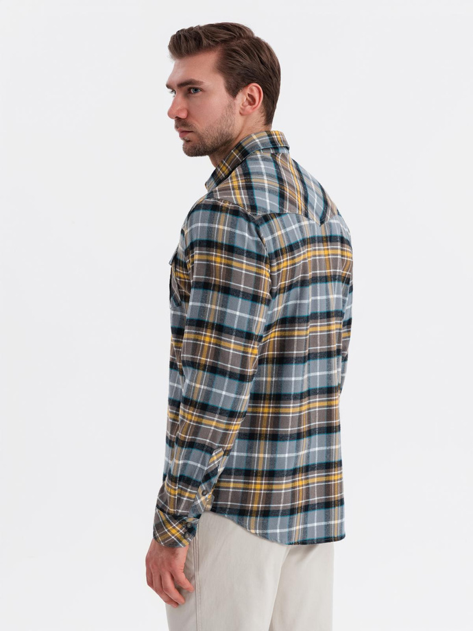 Męska flanelowa koszula w kratę z kieszeniami - szaro-żółta V1 OM-SHCS-0149