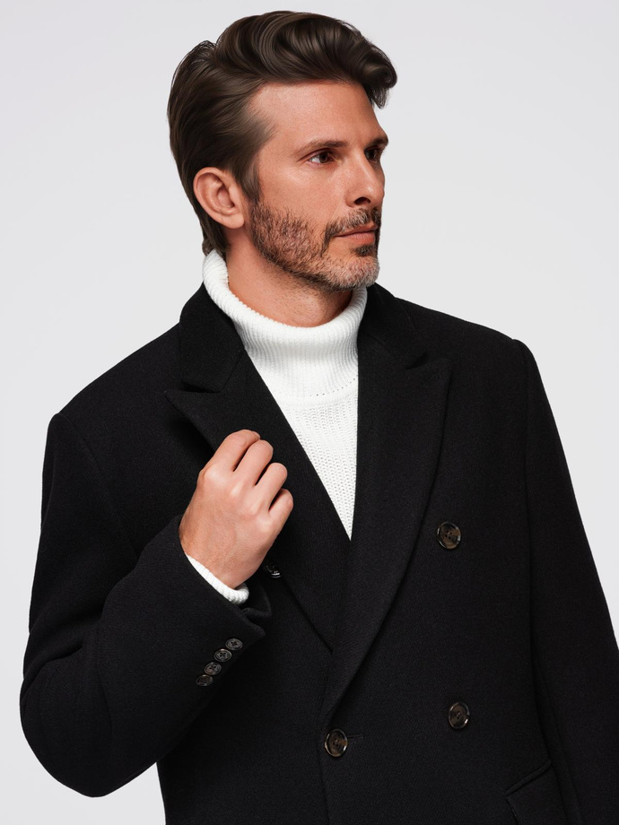 Men's coat with asymmetrical fastening and high collar - light brown V4 OM-COWC-0120