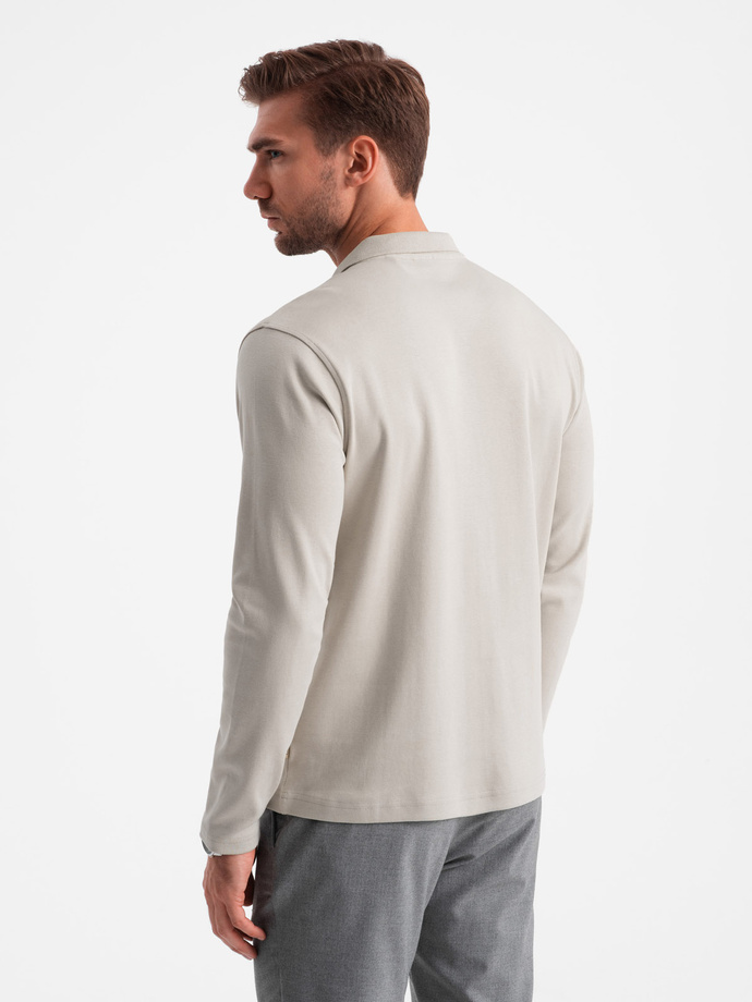 Longsleeve męski z zapinanym na zamek kołnierzykiem polo – popielaty V2 OM-POLS-0130