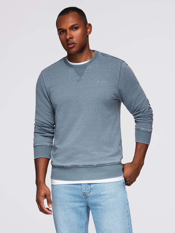 Washed men's sweatshirt with decorative stitching at the neckline - light blue V3 OM-SSDS-0131