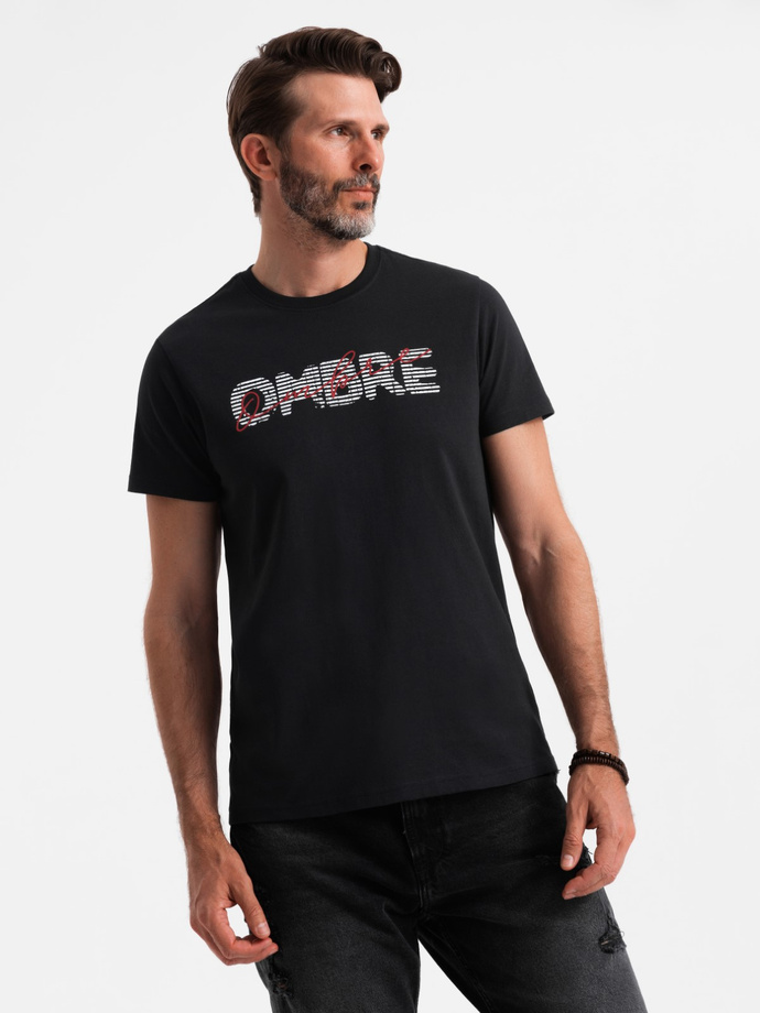 Męski bawełniany t-shirt z podwójnym printowanym logotypem – czarny V2 OM-TSPT-0211