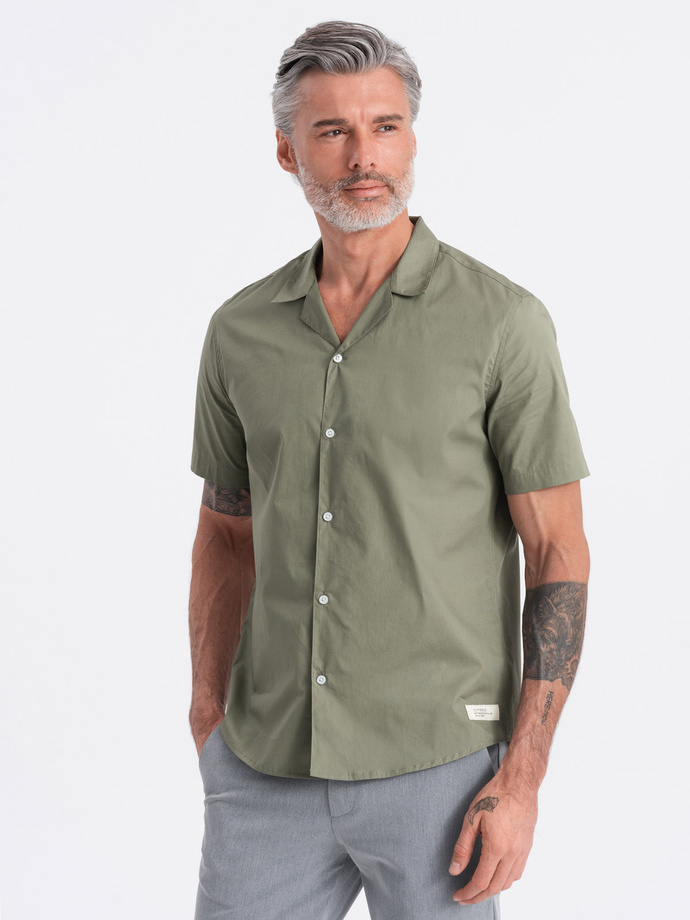 Koszula męska z krótkim rękawem i kubańskim kołnierzem - khaki V4 OM-SHSS-0168