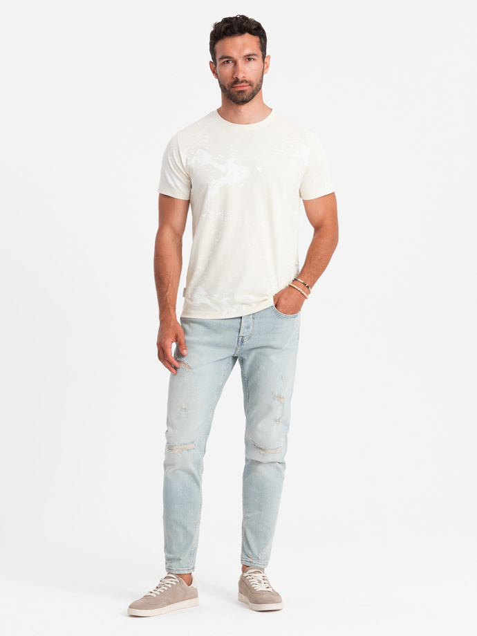 Męski bawełniany t-shirt z abstrakcyjnym printem – kremowy V7 OM-TSFP-0184