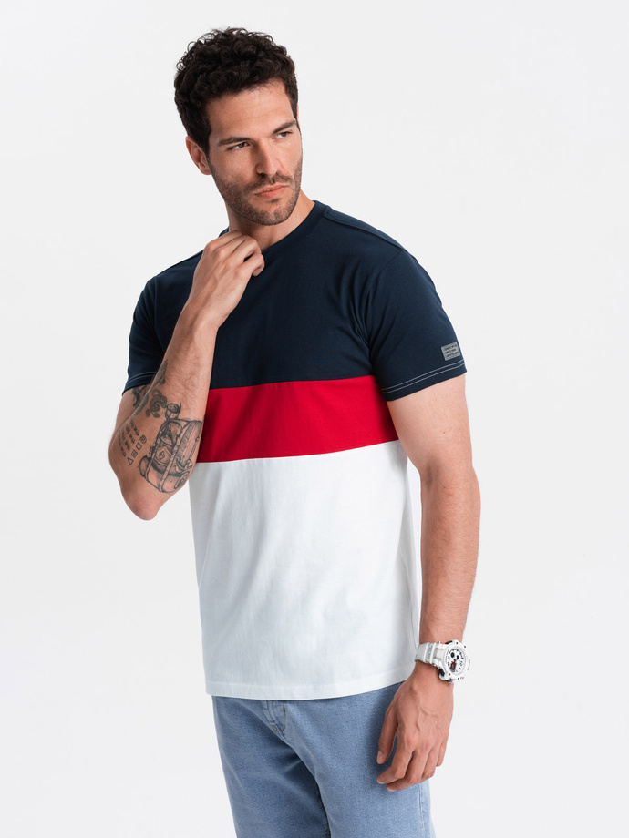 Men's tricolor T-shirt with wide stripes - navy blue and white V1 OM-TSCT-0152