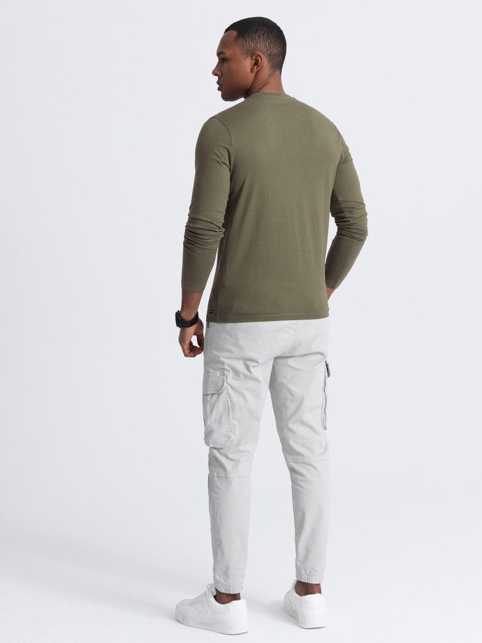 Bawełniany longsleeve męski z guzikami przy dekolcie - ciemnooliwkowy V1 OM-LSCL-0107